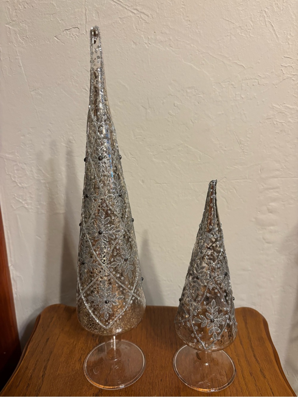 Set Of Silver Mercury Glass Table Top Decorative Christmas Trees